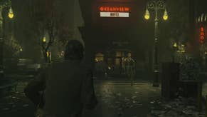 cropped image of alan looking up at the oceanview hotel on a dark street, with dull streetlamps on either side and the hotel sign flashing red and white