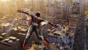 Miles Morales uses his web-wings to keep him aloft about New York City, which is blazing with evening sunlight, in this shot from Spider-Man 2