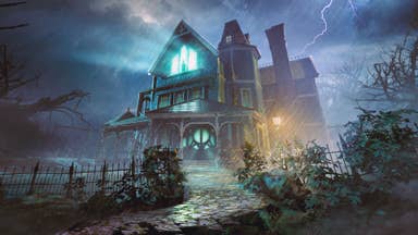 Promotional artwork for The 7th Guest VR showing an eerily illuminated Stauf Mansion looming out of the mist as lightning strikes against the stormy night sky.